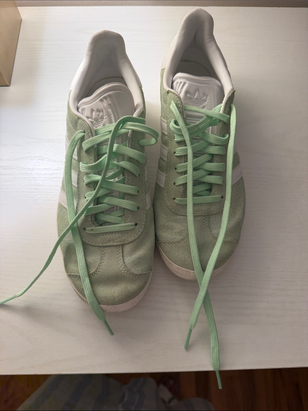 adidas Women's Light Green Suede Sneakers with White Stripes